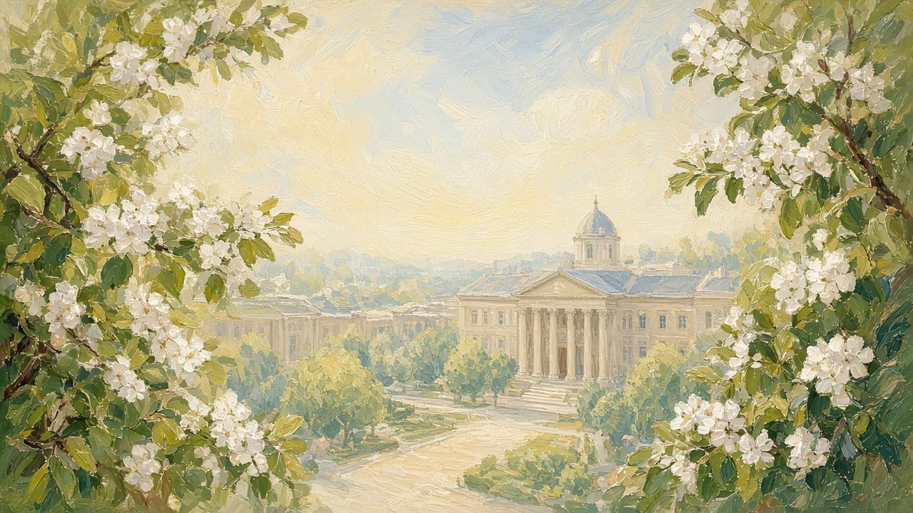 Oil painting of a tree-lined academic path in soft morning light