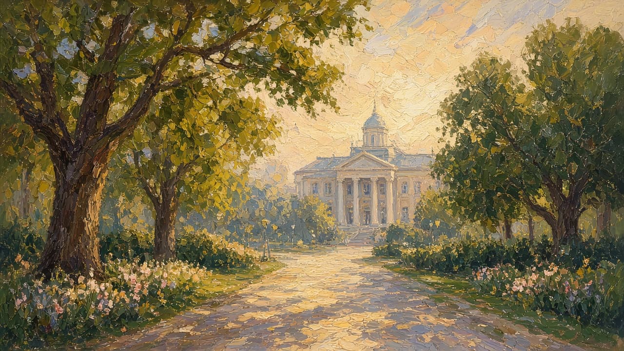 Sunlit path through trees toward an open clearing, for a calm close to the page